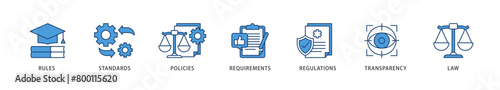 Compliance icons set collection illustration of law, requirements, transparency, regulations, policies, standards, rules icon live stroke and easy to edit 