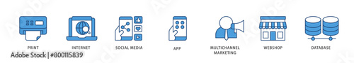 Cross media icons set collection illustration of print, internet, social media, app, multichannel marketing, webshop and database icon live stroke and easy to edit 