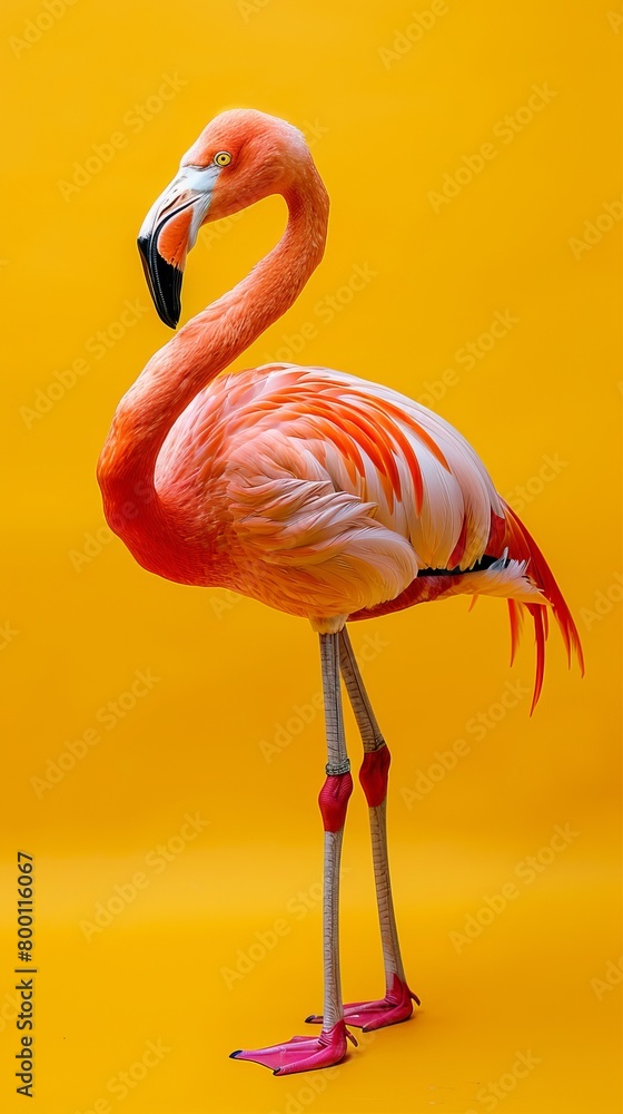 Pink flamingo in yellow background