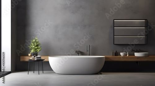 Modern minimalist bathroom interior, modern bathroom cabinet, white sink, wooden vanity, interior plants, bathroom accessories, bathtub and shower, white and blue walls, concrete floor. 