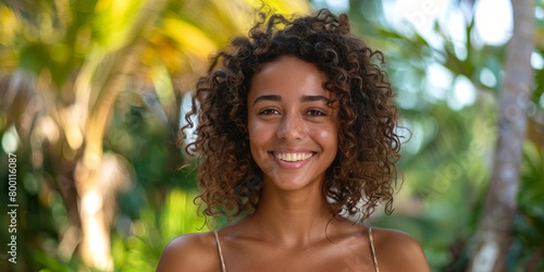 cheerful young woman with curly hair smiles brightly looking at camera against a blurred tropical background