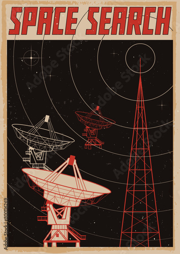 Space Search Science Poster. 1950s - 1960s Style Illustration. Telescope, Radiowaves