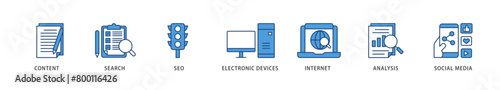 Digital marketing icons set collection illustration of content, search, seo, electronic devices, internet, analysis and social media icon live stroke and easy to edit 
