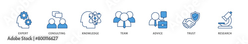 Expertise icons set collection illustration of expert, consulting, knowledge, team, advice, trust, and research icon live stroke and easy to edit 