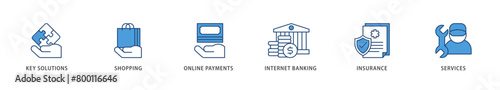 Financial service icons set collection illustration of key solutions, shopping, online payments, internet banking, insurance and services icon live stroke and easy to edit 