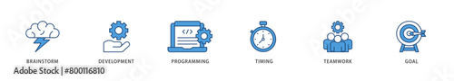 Hackathon icons set collection illustration of brainstorm, development, programming, timing, speed, teamwork, and goal icon live stroke and easy to edit 