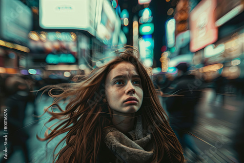 A woman experiencing a panic attack in a crowded public space, symbolizing the challenges of mental health, solitude, and fear amidst the bustling city life photo
