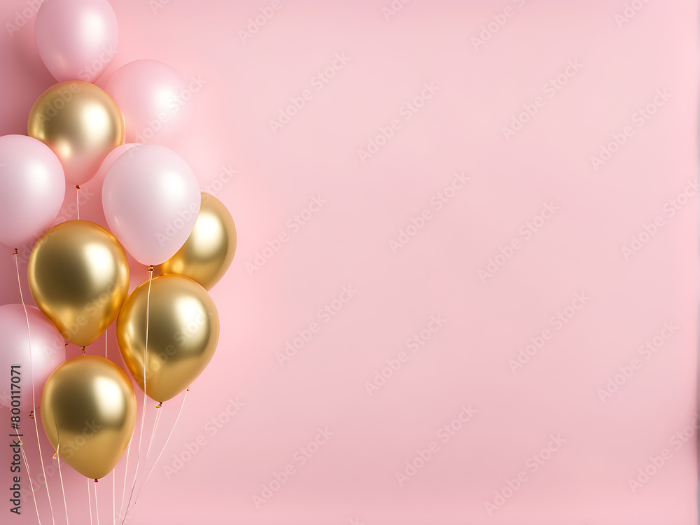 Gold and pink balloons on pink walls, used for product displays, holiday celebrations, Christmas and New Year, leaving blank space for text