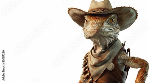 Whimsical Cowboy Lizard in Classic Western Attire Against a Pristine White Background photo