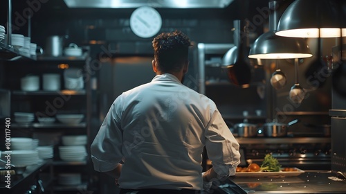 male chef backview working on a kitchen of a restaurant