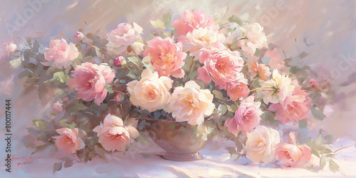 Soft pastel oil painting of abundant pink and white roses in a classic vase. Artistic floral display with gentle lighting. Romantic and vintage decor concept for design and print