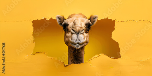 portrait of camel as it seems to come out from paper break free from the constraints of a plain yellow background