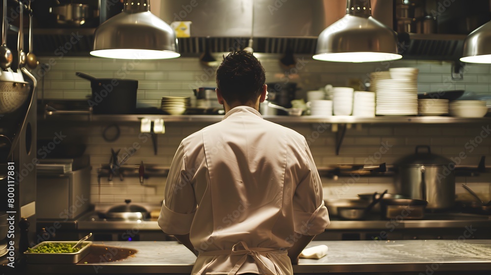male chef backview working on a kitchen of a restaurant male chef backview working on a kitchen of a restaurant