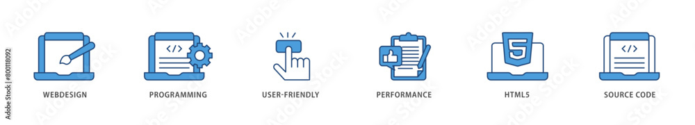 Mobile first icons set collection illustration of webdesign, programming, user friendly, performance, html5 and source code icon live stroke and easy to edit 