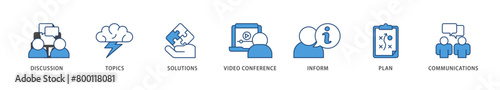 Meeting icons set collection illustration of communications, topics, solutions, plan, inform and video conference  icon live stroke and easy to edit 