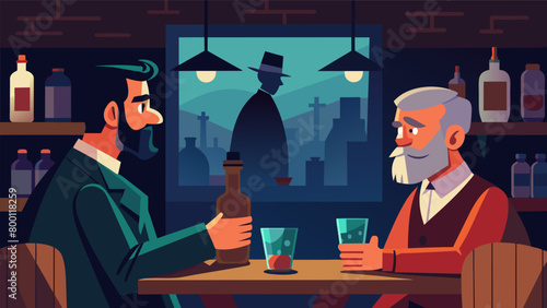 A pair of old friends reunite in the dimly lit back room of a speakeasy catching up on years of missed conversations over glasses of whiskey.. Vector illustration