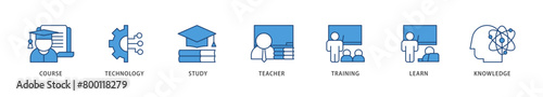 Online education icons set collection illustration of course, technology, study, teacher, training, learn and knowledge icon live stroke and easy to edit 