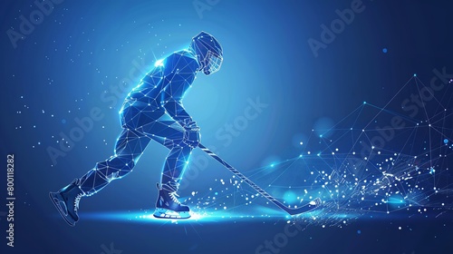 An illustration of a player playing hockey in a dark technological backdrop with a big space for text a sports type background, Generative AI.