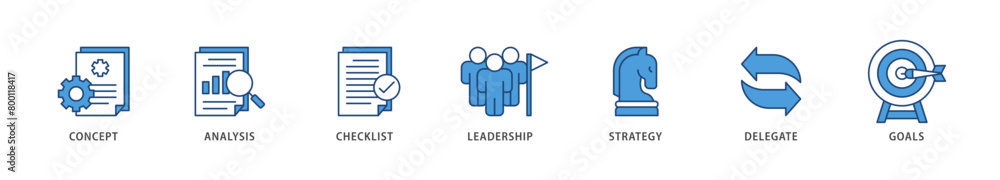 Planning icons set collection illustration of concept, analysis, checklist, leadership, strategy, delegate and goals icon live stroke and easy to edit Planning icons set collection illustration of concept, analysis, checklist, leadership, strategy, delegate and goals icon live stroke and easy to edit