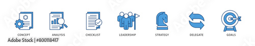 Planning icons set collection illustration of concept, analysis, checklist, leadership, strategy, delegate and goals icon live stroke and easy to edit 