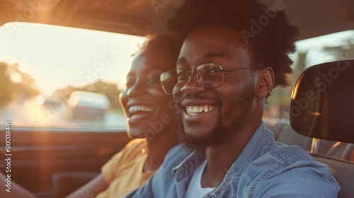 Enjoying Travel Concept. Smiling handsome African American man driving a car, selective focus on happy beautiful young woman sitting on the front passenger seat and looking out of window photo