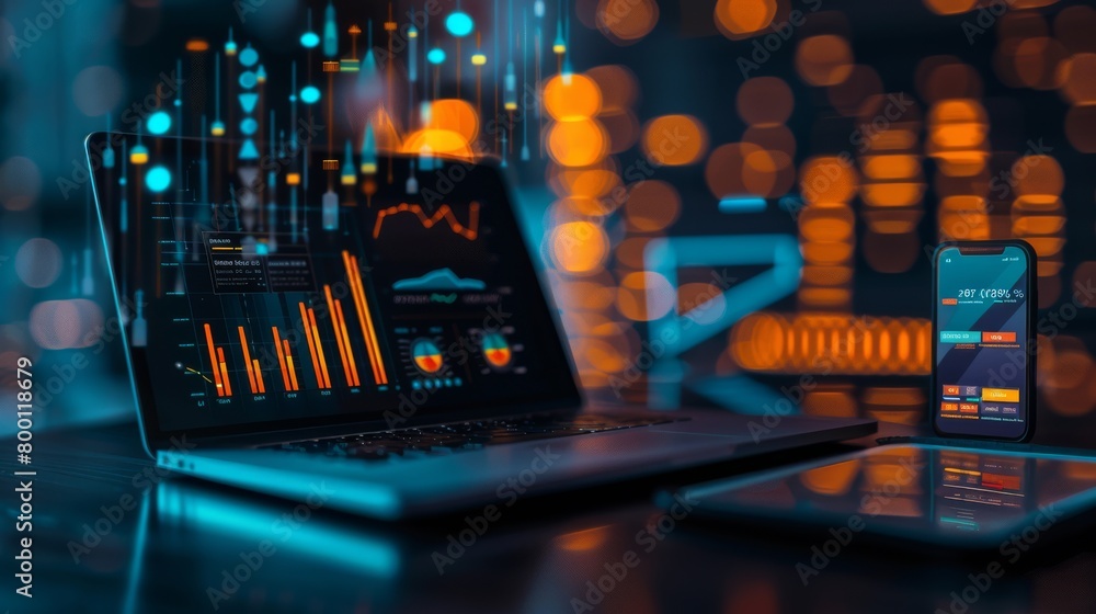 Naklejka premium Futuristic technology setup with glowing laptop and smartphone displaying finance data