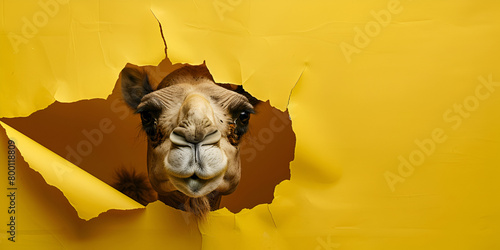 portrait of camel as it seems to come out from paper break free from the constraints of a plain yellow background photo