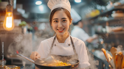 Happy asian female chef has fun while preparing food in frying pan at restaurant kitchen.