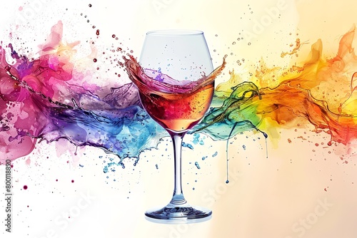A vivid, various hues abstraction highlight with a bouncing splatters wine glass over a white setting a stormy shot and space, Generative AI. photo