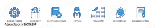 Rfp icons set collection illustration of business proposal, supplier, procurement, premilimary, selection procedure, commodity, bidding process icon live stroke and easy to edit 