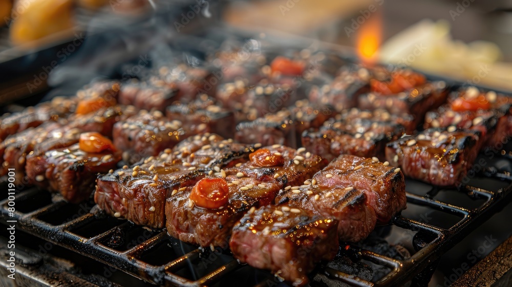 A plate of meat is being cooked on a grill. The meat is brown and has a lot of seasoning on it