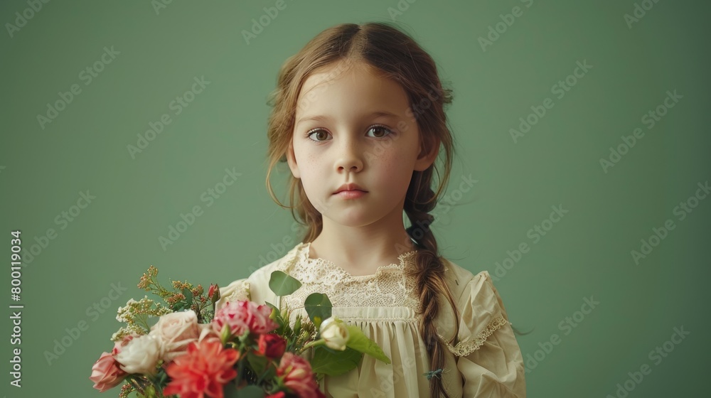 Portrait of a little girl with a bouquet of spring flowers on a colored background. a place for the text. spring concept Portrait of a little girl with a bouquet of spring flowers on a colored background. a place for the text. spring concept