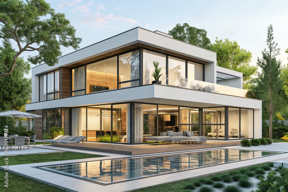 Modern house with pool and garden, simple design of twostory white modern home with black accents Modern house with pool and garden, simple design of twostory white modern home with black accents
