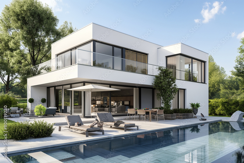 Modern house with pool and garden, simple design of twostory white modern home with black accents