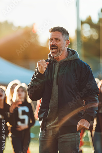 High school football coach delivering a passionate speech, motivating his team and instilling leadership qualities © Emanuel