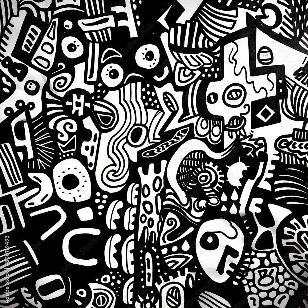 AI's creative prowess shines through in the intricate details of the abstract doodle art piece against a black and white background. AI's creative prowess shines through in the intricate details of the abstract doodle art piece against a black and white background.