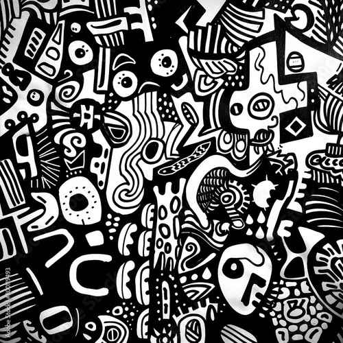 AI s creative prowess shines through in the intricate details of the abstract doodle art piece against a black and white background.