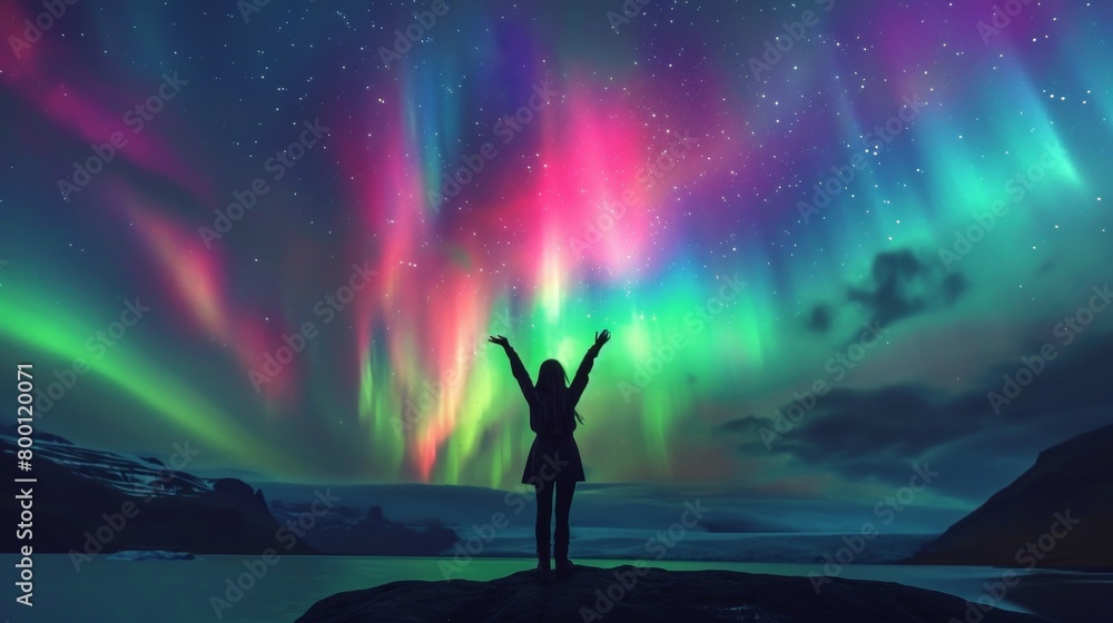 Naklejka premium A person stands in snow field wow with beautiful aurora northern lights in night sky in winter.