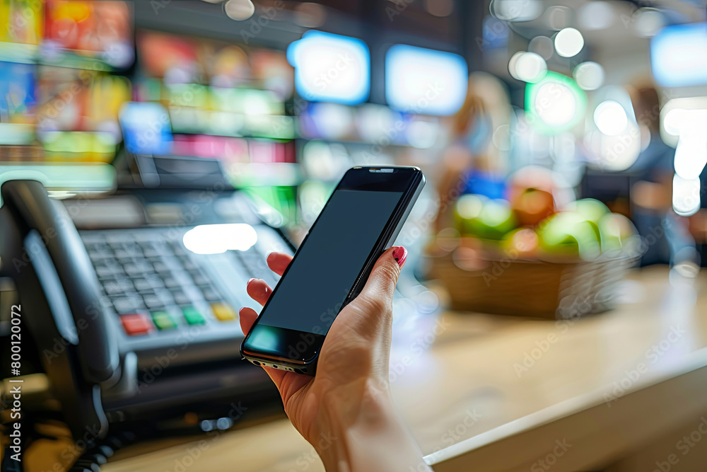 Fotografie Mobile device in hand, screen with secure payment interface, cash register and s