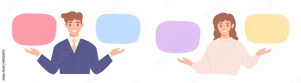 Businessman and woman are presenting colorful blank template for message. Concept of presentation, working, choices, choosing, comparison, selection, information. Flat vector illustration character.