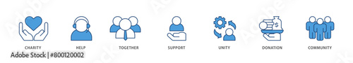 Volunteering icons set collection illustration of charity, help, together, support, unity, donation, and community icon live stroke and easy to edit 
