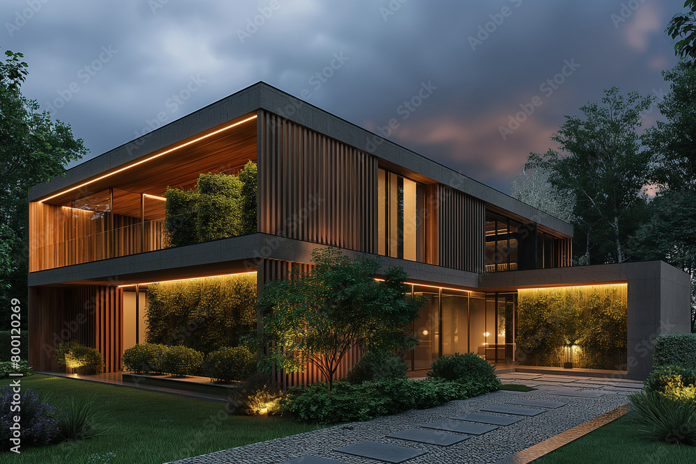 Modern house with wooden cladding and concrete walls, illuminated at night by lights, set against the backdrop of green trees and grass in front of it Modern house with wooden cladding and concrete walls, illuminated at night by lights, set against the backdrop of green trees and grass in front of it