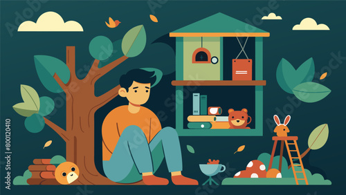 A lone figure sits in a treehouse surrounded by old toys and trinkets lost in thought as they remember a simpler time when anything was possible.. Vector illustration
