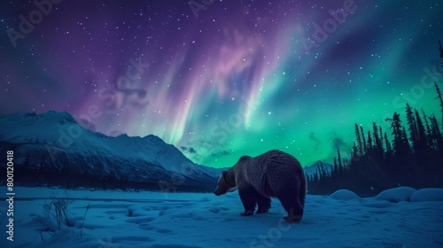 Grizzly bear in wild snow field with beautiful aurora northern lights in night sky with snow forest in winter.