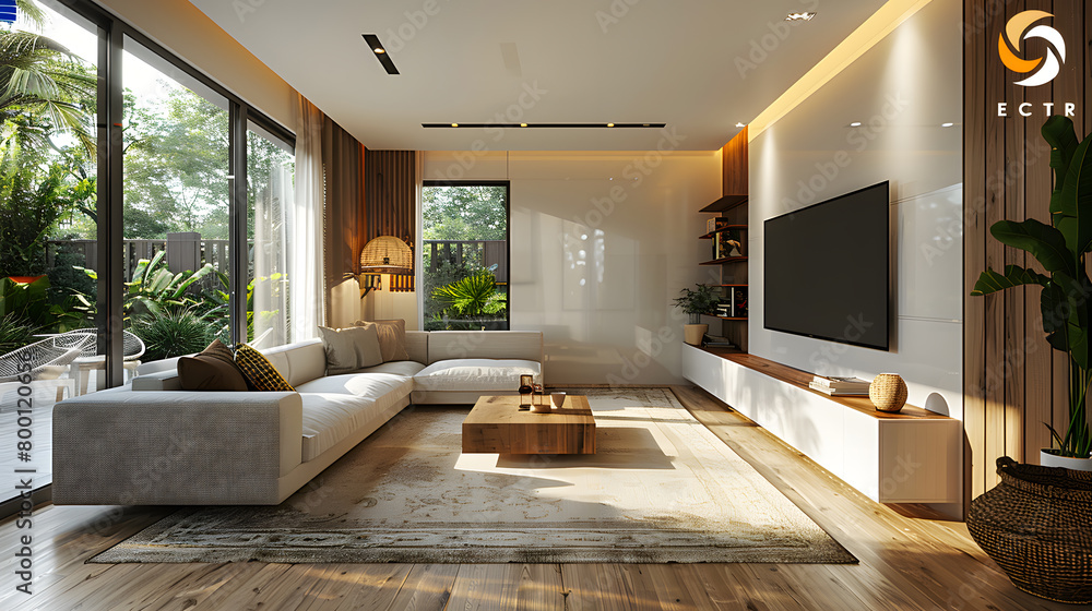White living room interior with sofa and armchair, shelf with art decoration, carpet on hardwood floor. Panoramic window on tropics. Mockup copy space White living room interior with sofa and armchair, shelf with art decoration, carpet on hardwood floor. Panoramic window on tropics. Mockup copy space