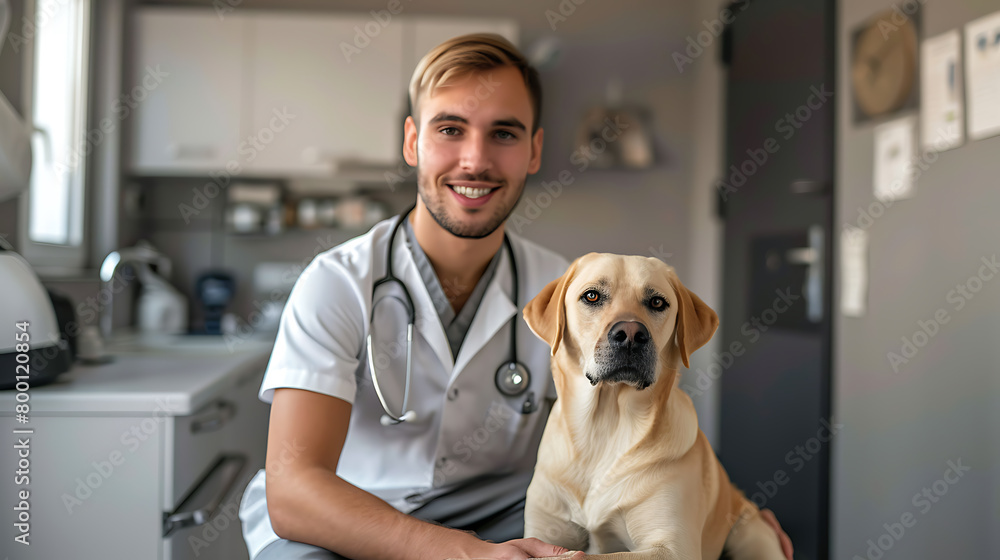 Portrait of a young male veterinarian with a labrador retriever