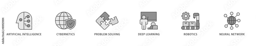 AI icons set collection illustration of cybernetics, problem solving, deep learning, machine learning, robotics and neural network icon live stroke and easy to edit AI icons set collection illustration of cybernetics, problem solving, deep learning, machine learning, robotics and neural network icon live stroke and easy to edit