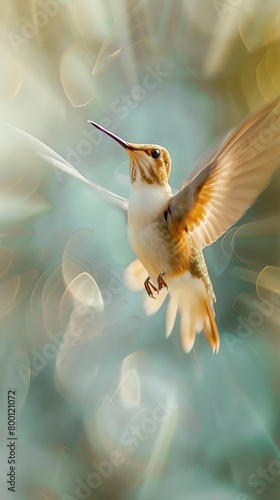 A hummingbird is flying in mid-air with its long, thin beak outstretched photo