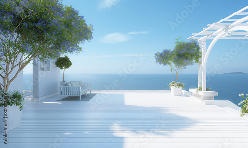 A bright and airy beachside rooftop terrace with white wooden flooring, overlooking the ocean under clear blue skies
