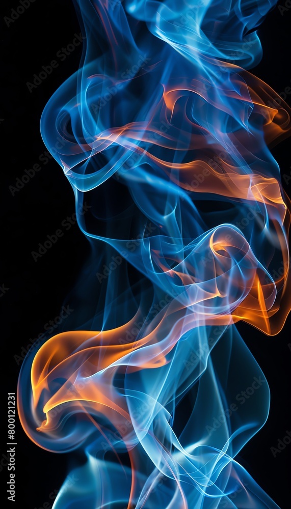 Blue and orange smoke rising up against a black background. Blue and orange smoke rising up against a black background.